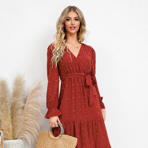 Swiss Dot Tied Surplice Flounce Sleeve Dress